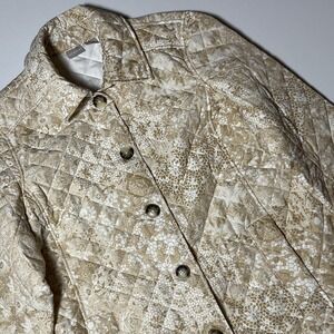 Chico's Lightweight Quilted Coat Size 3 (16/18) Tan & White Button Front Jacket